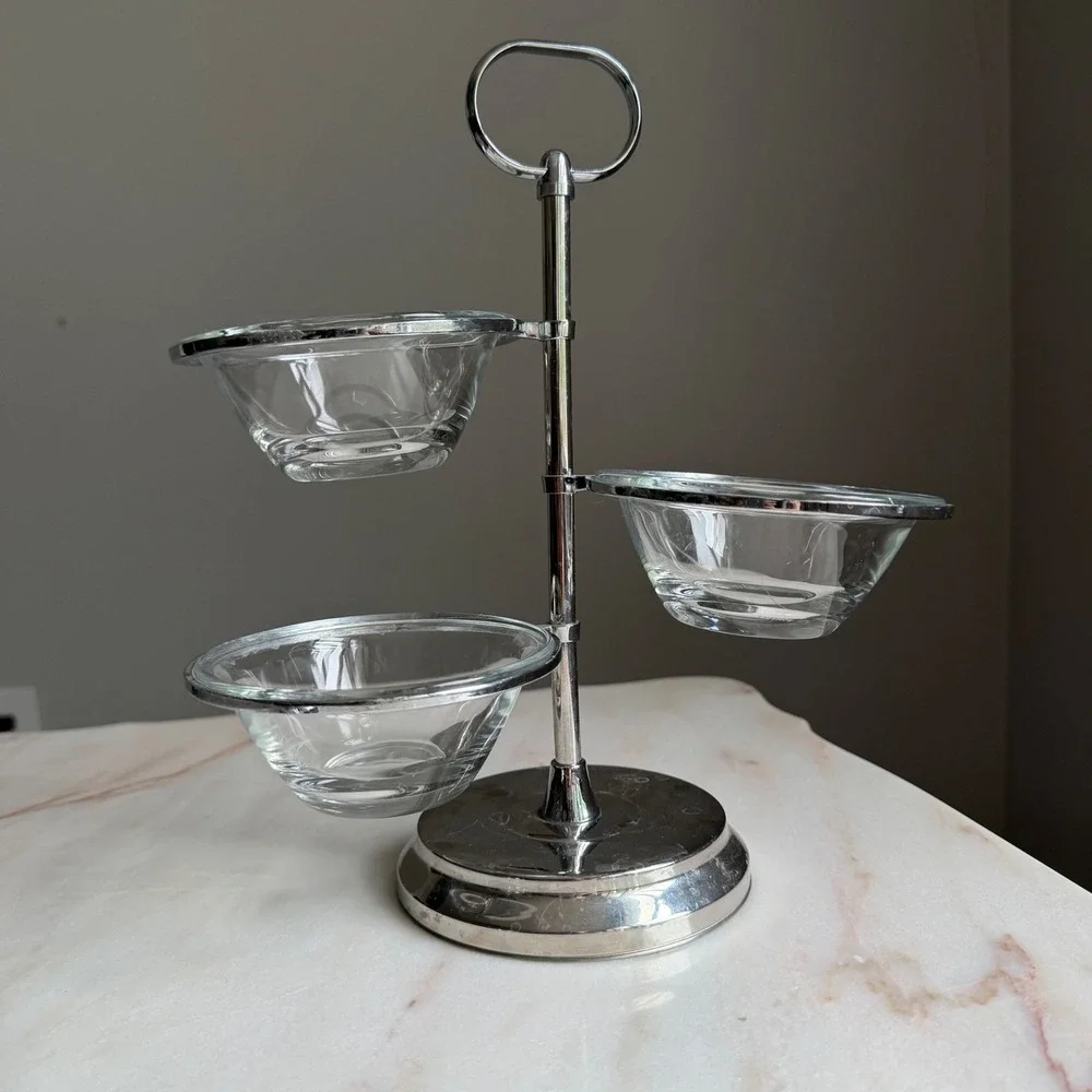 Pottery Barn Chrome 3 Tier Garnish Stand with Duralex France Glass Bowls